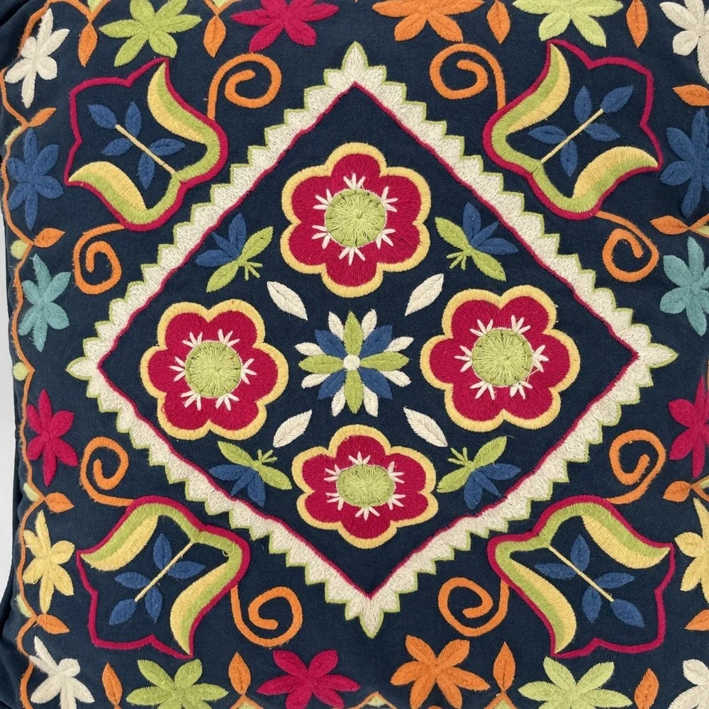 Pottery Barn Romanian Heavily Embroidered Feather Pillow 18x18 Floral Navy Blue